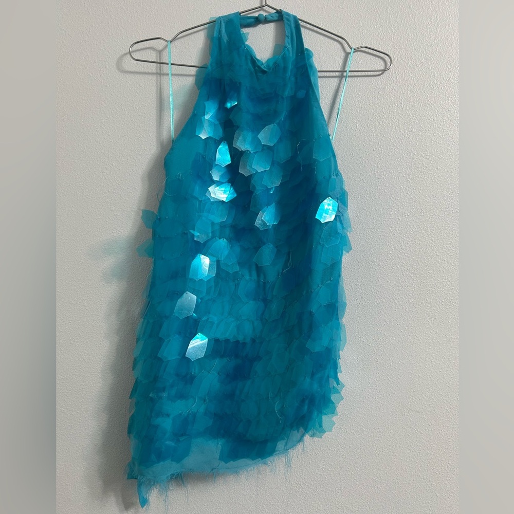 ARRANGE embellished shard sequin longline halter disc top mini dress blue shell - Picture 6 of 12